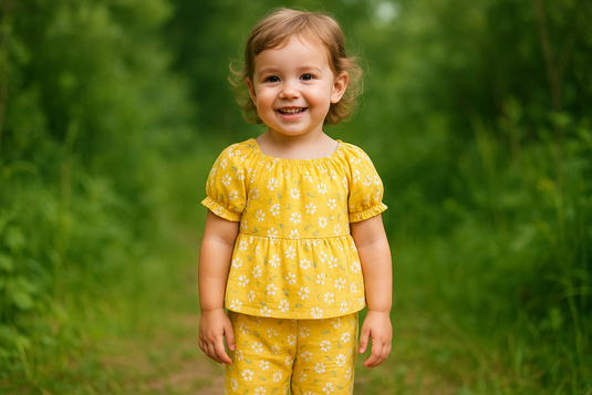 4 year old baby girl wear cord top and bottom inyellow color floral wih background of greenery