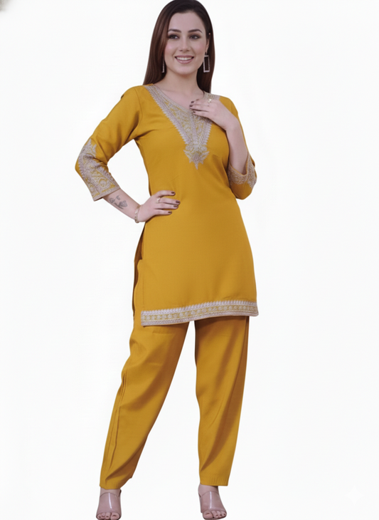 Women Roman Silk Coords Mustard Yellow